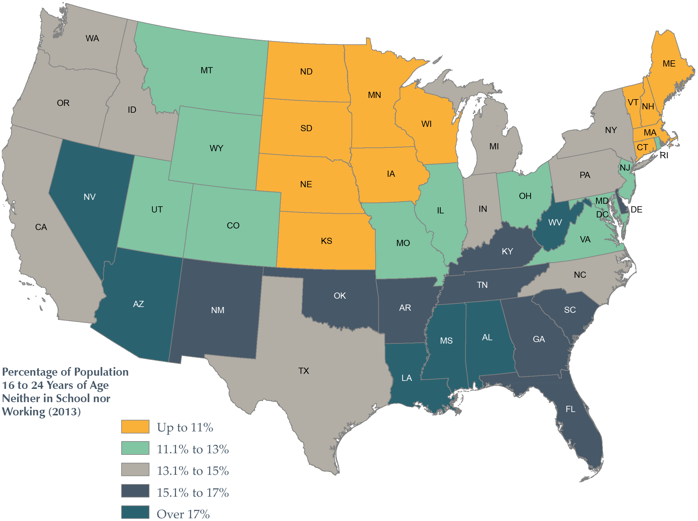 Percentage of Population 16 to 24 Years of Age Neither in School nor Working (2013)