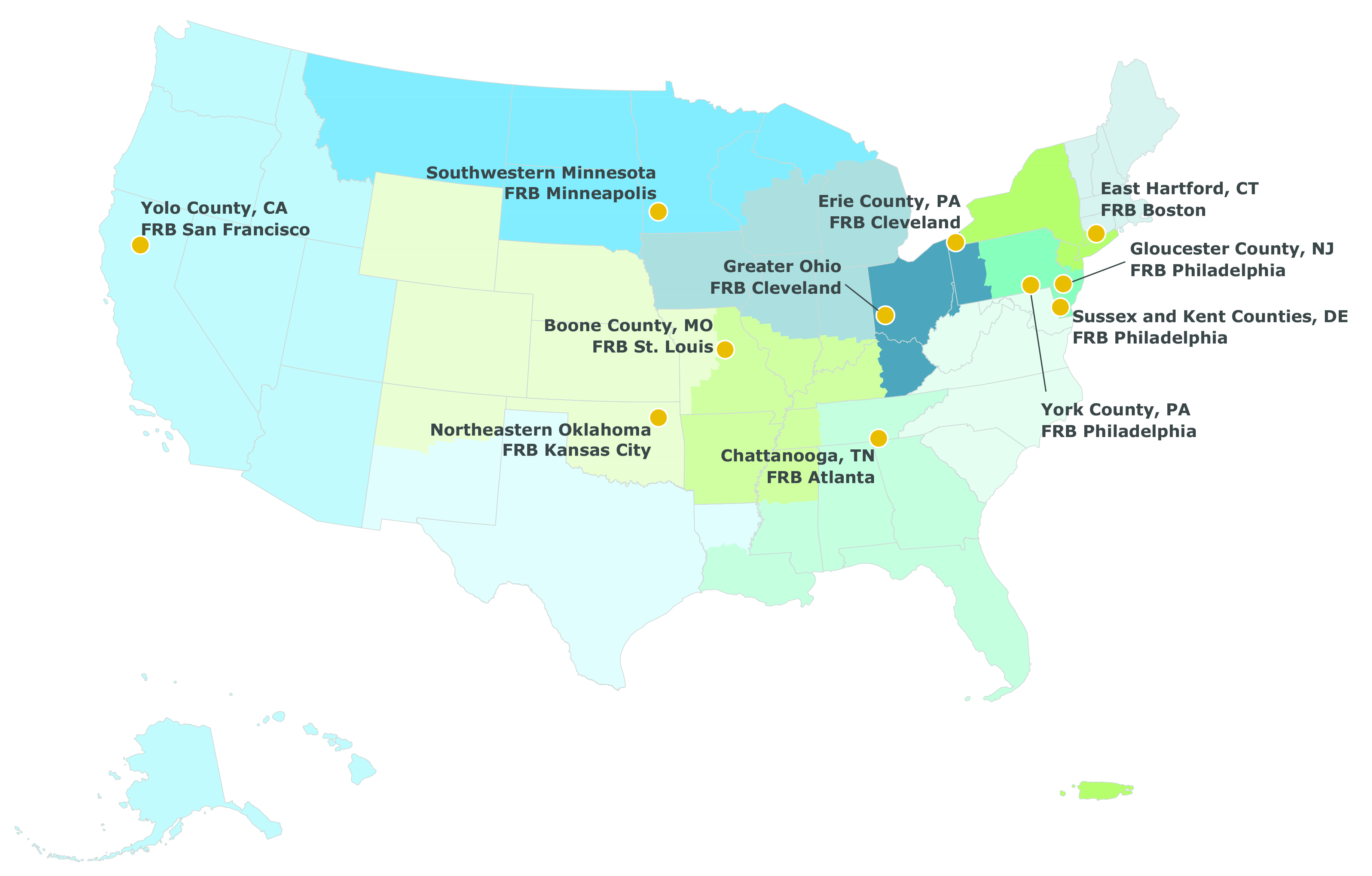 Map of the U.S. with program cohort cities identified.