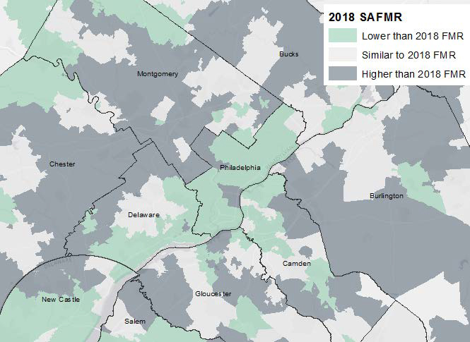 Figure 2. Comparison of 2018 SAFMR to Regional FMR by ZCTA, Philadelphia MSA, 2017
