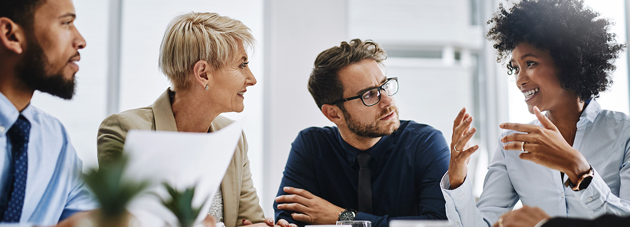 A small diverse group of four professionals having a discussion at a table.