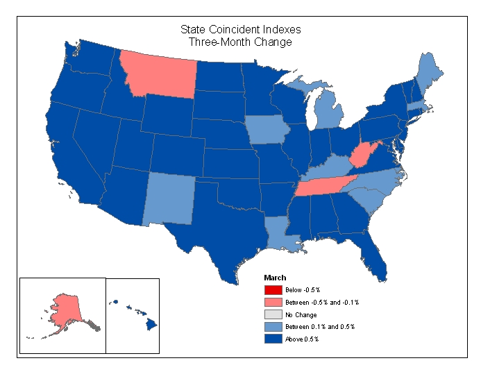 Map of the U.S. showing the State Coincident Indexes Three-Month Change in March 2005