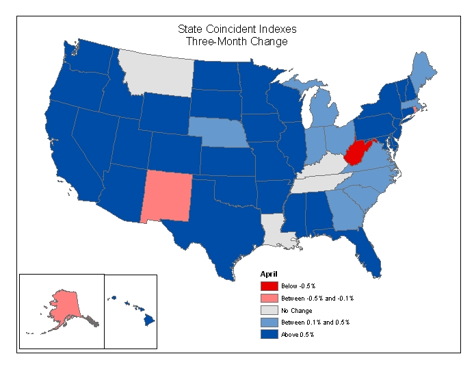 Map of the U.S. showing the State Coincident Indexes Three-Month Change in April 2005