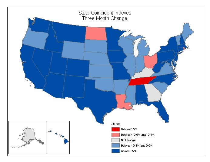 Map of the U.S. showing the State Coincident Indexes Three-Month Change in June 2005