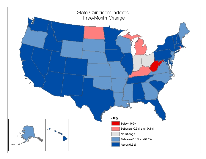 Map of the U.S. showing the State Coincident Indexes Three-Month Change in July 2005
