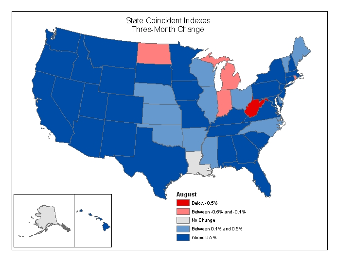 Map of the U.S. showing the State Coincident Indexes Three-Month Change in August 2005