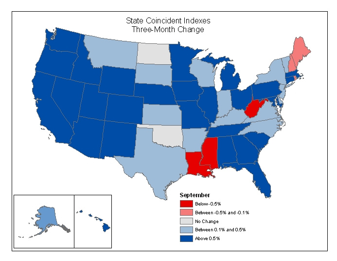 Map of the U.S. showing the State Coincident Indexes Three-Month Change in September 2005