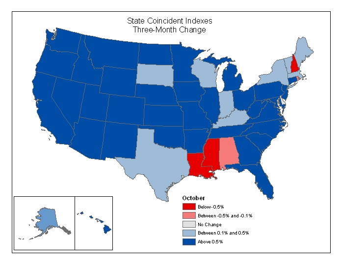 Map of the U.S. showing the State Coincident Indexes Three-Month Change in October 2005
