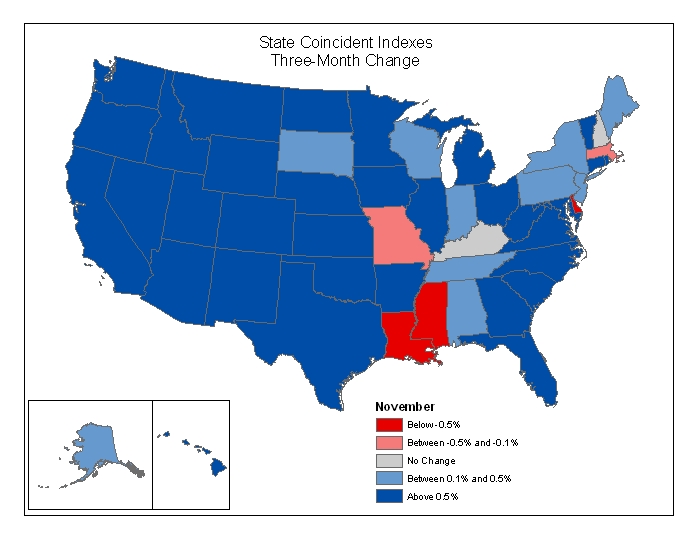 Map of the U.S. showing the State Coincident Indexes Three-Month Change in November 2005