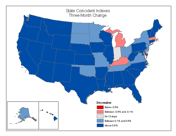 Map of the U.S. showing the State Coincident Indexes Three-Month Change in December 2005
