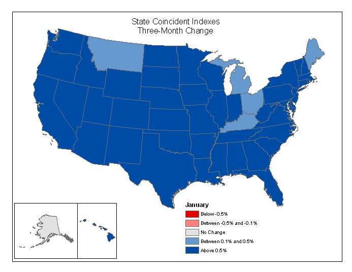 Map of the U.S. showing the State Coincident Indexes Three-Month Change in January 2006