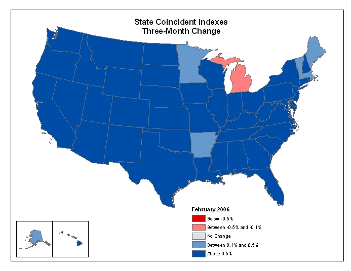 Map of the U.S. showing the State Coincident Indexes Three-Month Change in February 2006