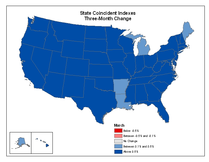 Map of the U.S. showing the State Coincident Indexes Three-Month Change in March 2006
