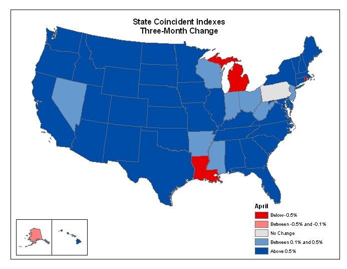 Map of the U.S. showing the State Coincident Indexes Three-Month Change in April 2006