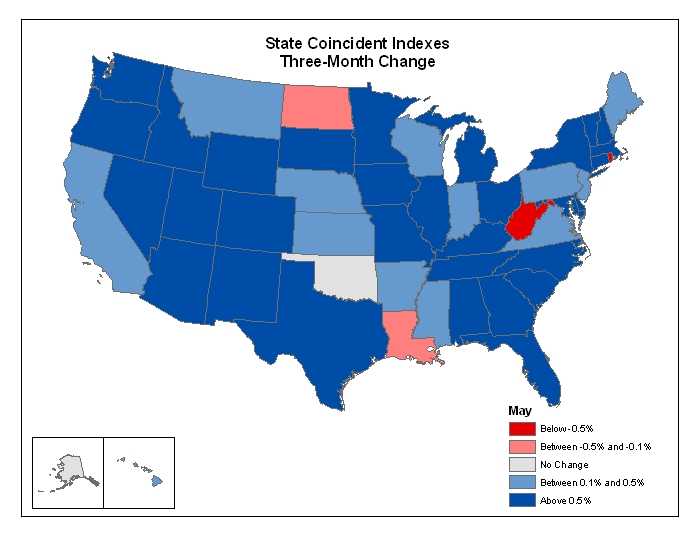 Map of the U.S. showing the State Coincident Indexes Three-Month Change in May 2006