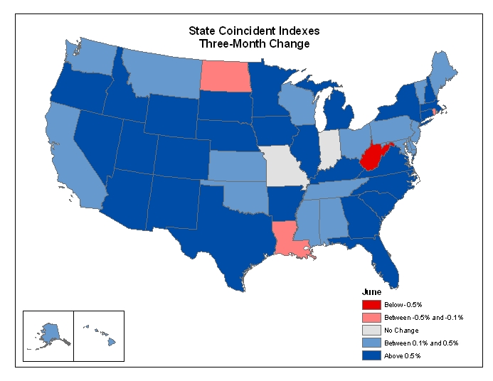 Map of the U.S. showing the State Coincident Indexes Three-Month Change in June 2006