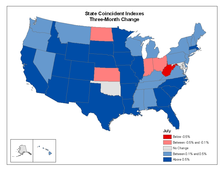 Map of the U.S. showing the State Coincident Indexes Three-Month Change in July 2006