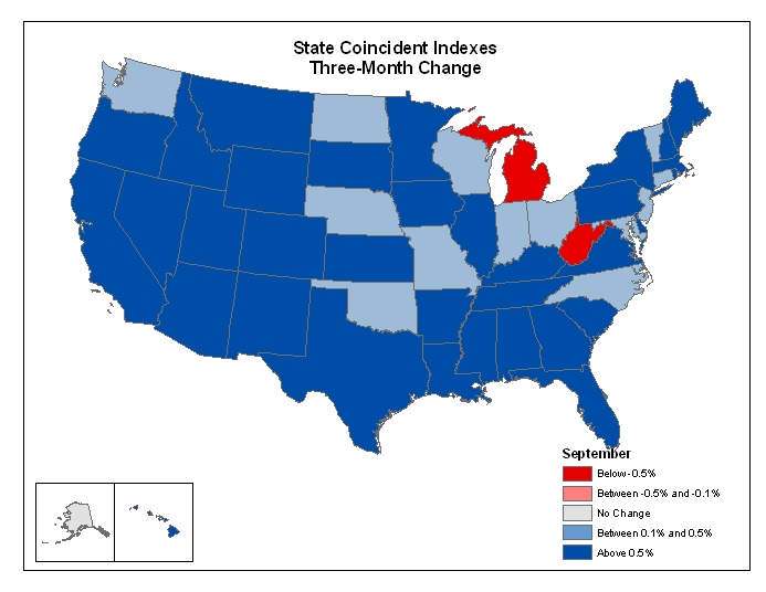Map of the U.S. showing the State Coincident Indexes Three-Month Change in September 2006