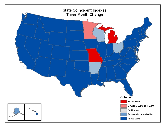 Map of the U.S. showing the State Coincident Indexes Three-Month Change in October 2006