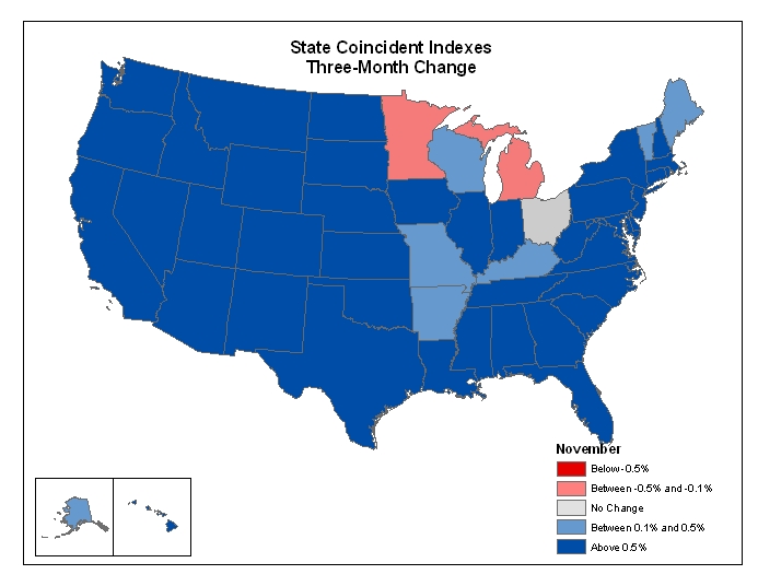 Map of the U.S. showing the State Coincident Indexes Three-Month Change in November 2006