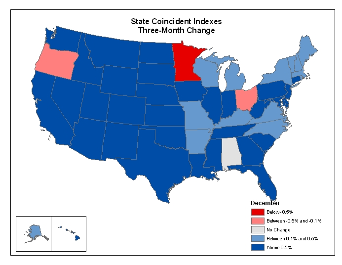 Map of the U.S. showing the State Coincident Indexes Three-Month Change in December 2006
