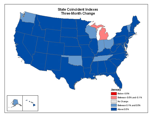 Map of the U.S. showing the State Coincident Indexes Three-Month Change in January 2007
