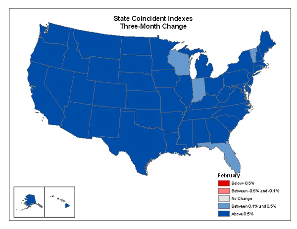 Map of the U.S. showing the State Coincident Indexes Three-Month Change in February 2007
