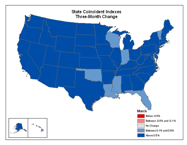 Map of the U.S. showing the State Coincident Indexes Three-Month Change in March 2007