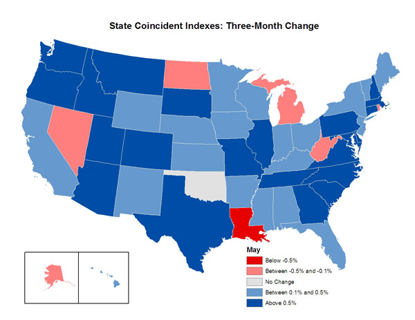 Map of the U.S. showing the State Coincident Indexes Three-Month Change in May 2007