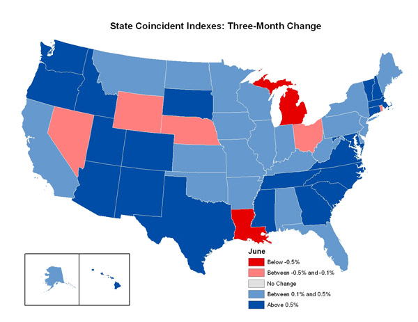Map of the U.S. showing the State Coincident Indexes Three-Month Change in June 2007