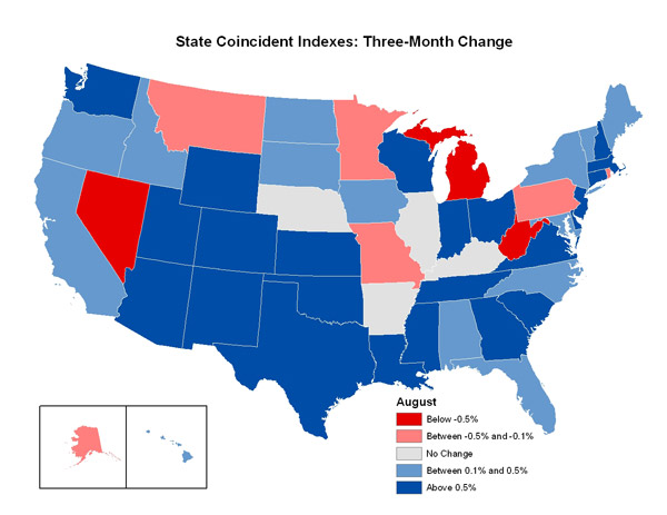 Map of the U.S. showing the State Coincident Indexes Three-Month Change in August 2007