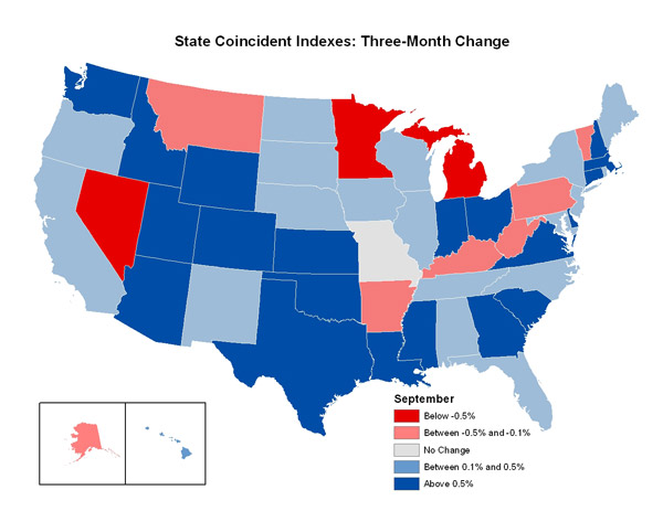 Map of the U.S. showing the State Coincident Indexes Three-Month Change in September 2007