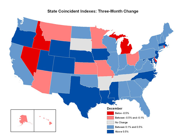 Map of the U.S. showing the State Coincident Indexes Three-Month Change in December 2007