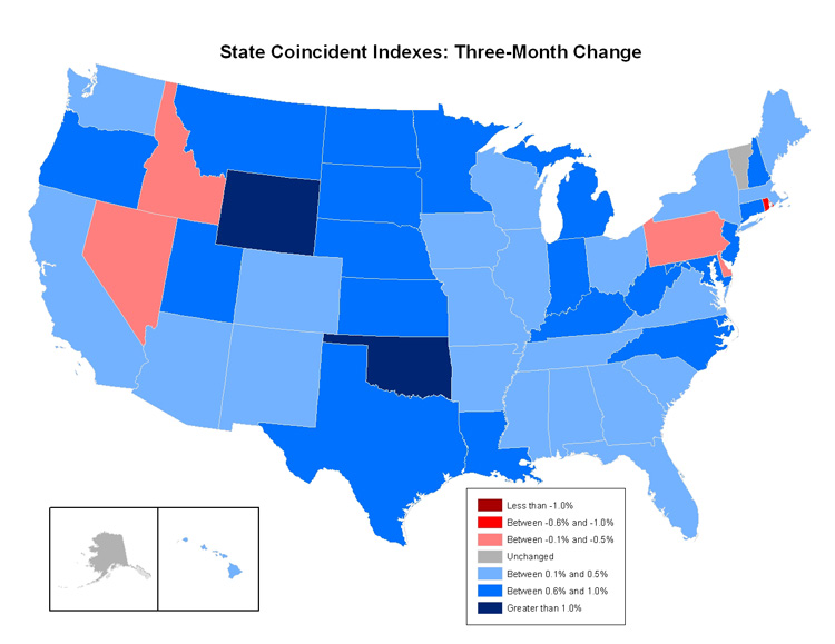 Map of the U.S. showing the State Coincident Indexes Three-Month Change in January 2008