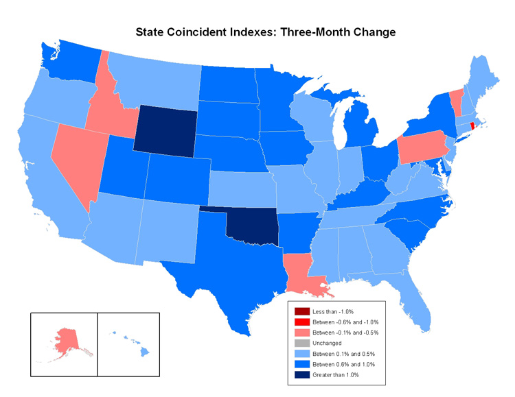 Map of the U.S. showing the State Coincident Indexes Three-Month Change in February 2008