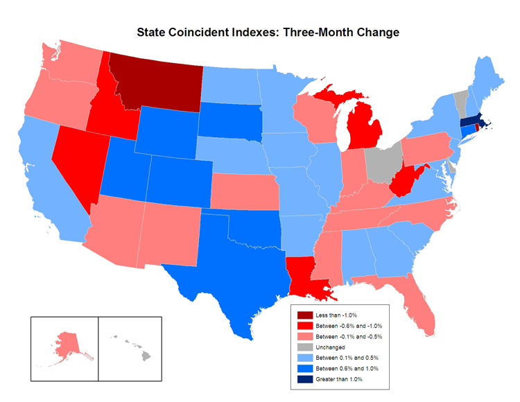 Map of the U.S. showing the State Coincident Indexes Three-Month Change in April 2008