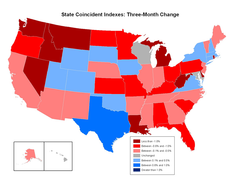 Map of the U.S. showing the State Coincident Indexes Three-Month Change in May 2008