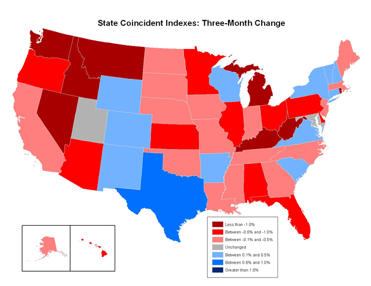 Map of the U.S. showing the State Coincident Indexes Three-Month Change in June 2008