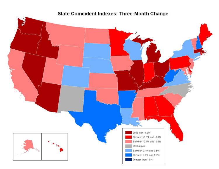 Map of the U.S. showing the State Coincident Indexes Three-Month Change in July 2008