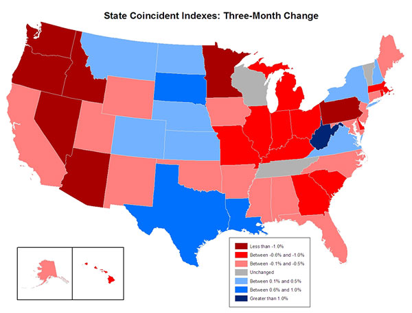Map of the U.S. showing the State Coincident Indexes Three-Month Change in August 2008