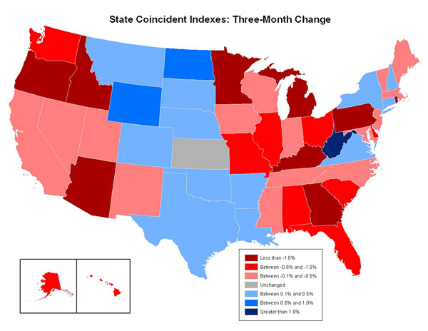 Map of the U.S. showing the State Coincident Indexes Three-Month Change in September 2008