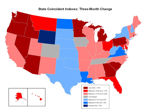 Map of the U.S. showing the State Coincident Indexes Three-Month Change in October 2008