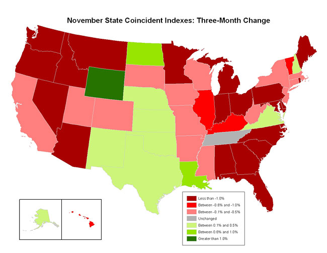 Map of the U.S. showing the State Coincident Indexes Three-Month Change in November 2008