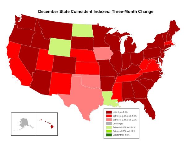 Map of the U.S. showing the State Coincident Indexes Three-Month Change in December 2008