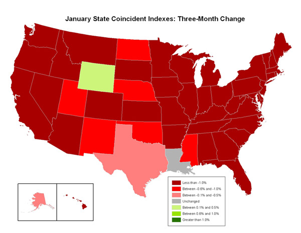 Map of the U.S. showing the State Coincident Indexes Three-Month Change in January 2009