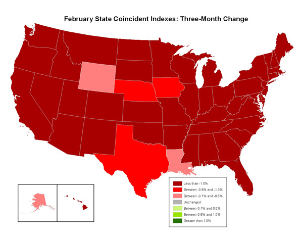 Map of the U.S. showing the State Coincident Indexes Three-Month Change in February 2009