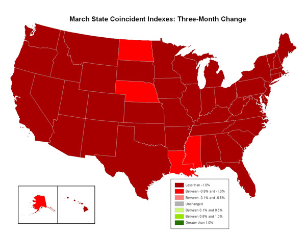 Map of the U.S. showing the State Coincident Indexes Three-Month Change in March 2009