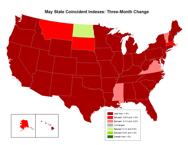 Map of the U.S. showing the State Coincident Indexes Three-Month Change in May 2009