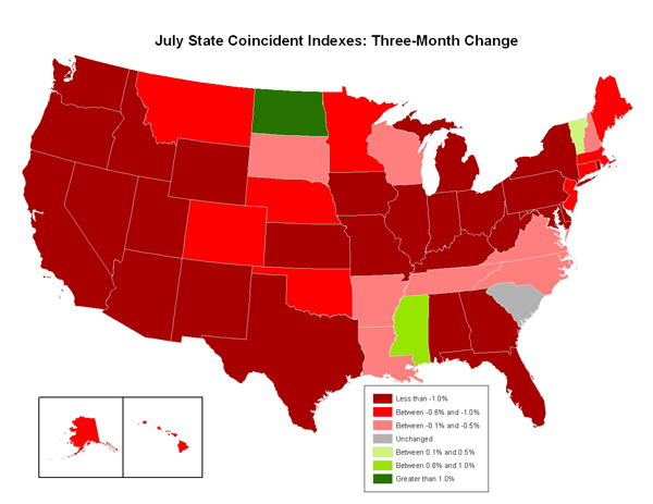 Map of the U.S. showing the State Coincident Indexes Three-Month Change in July 2009
