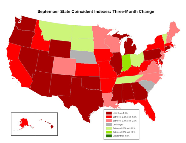 Map of the U.S. showing the State Coincident Indexes Three-Month Change in September 2009