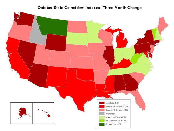 Map of the U.S. showing the State Coincident Indexes Three-Month Change in October 2009